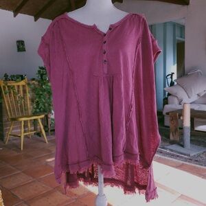 Free People Magenta Aster Oversized Gauze Henley